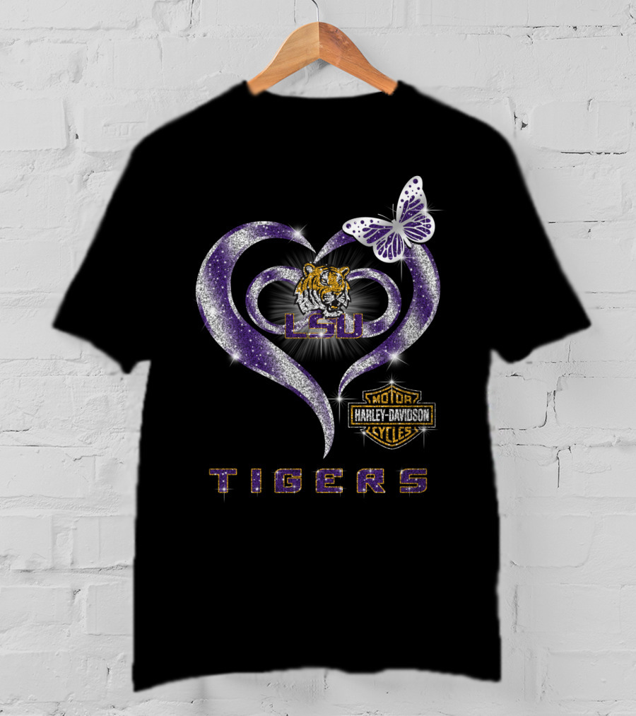 Lsu Tigers Harley Davidson Heart Butterfly T-Shirt