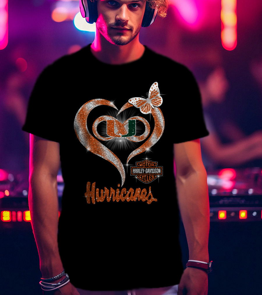 Miami Hurricanes U Heart Harley Davidson Butterfly Sparkle T-Shirt