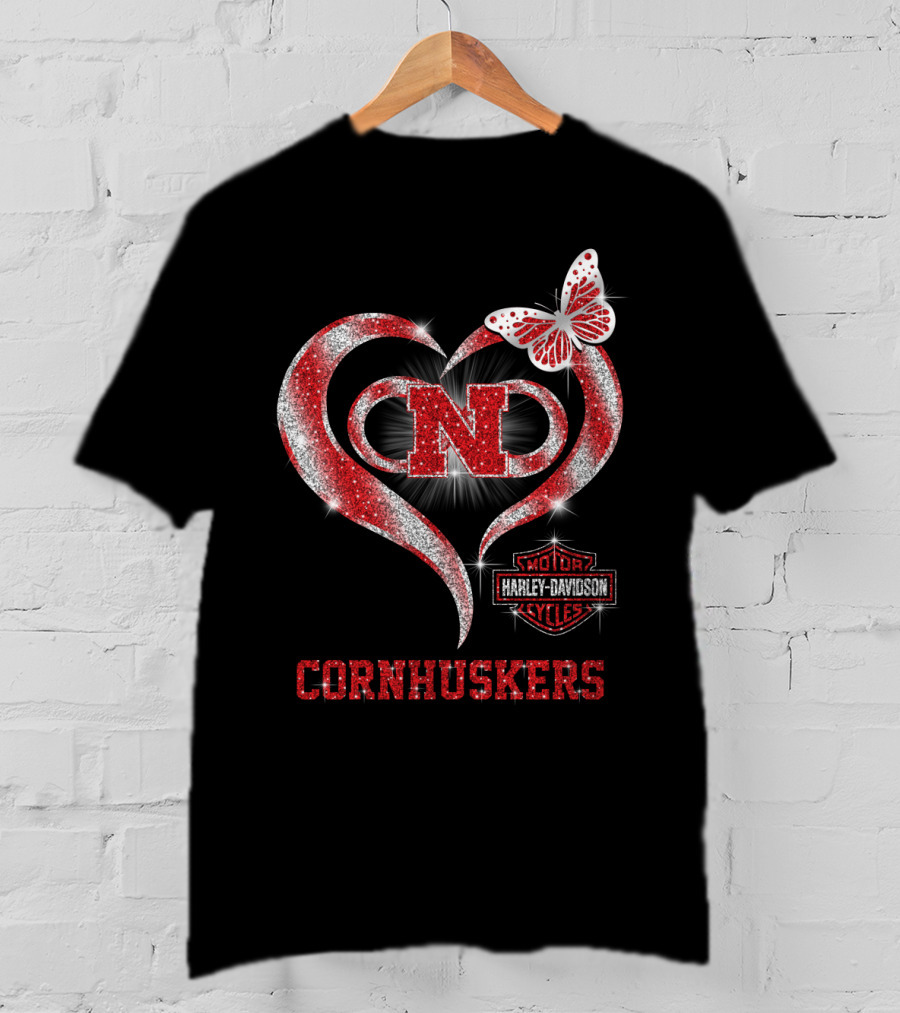 Nebraska Cornhuskers Heart Butterfly Harley Davidson Styles T-Shirt