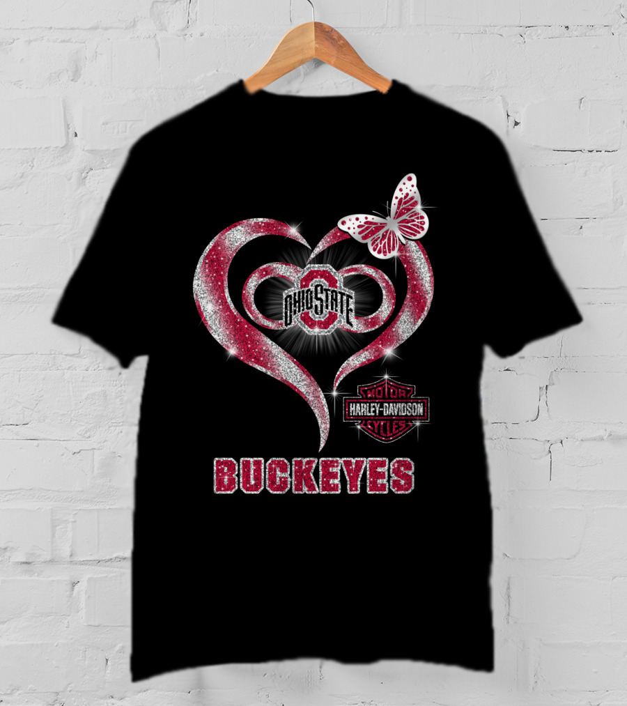 Ohio State Buckeyes Harley Davidson Heart Butterfly T-Shirt