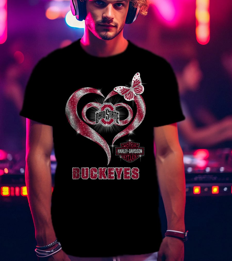 Ohio State Buckeyes Harley Davidson Heart Butterfly T-Shirt
