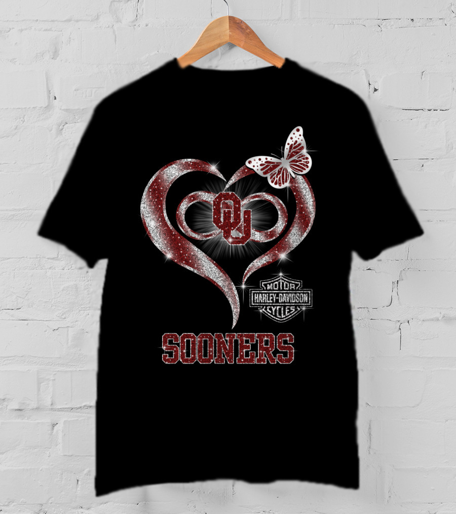 Ou Sooners Harley Davidson Heart Butterfly T-Shirt