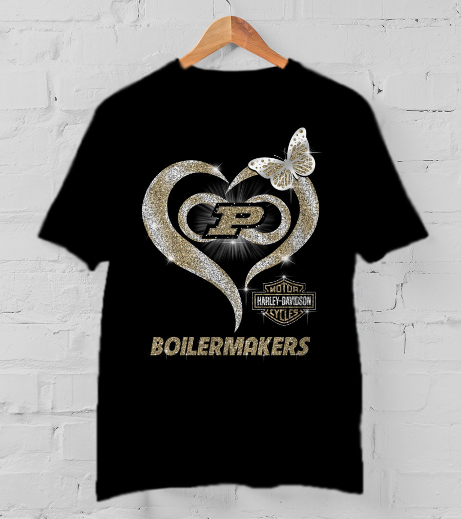 Purdue Boilermakers Harley Davidson Heart With Butterfly And P T-Shirt
