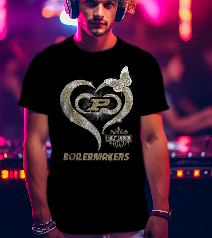 Purdue Boilermakers Harley Davidson Heart With Butterfly And P T-Shirt