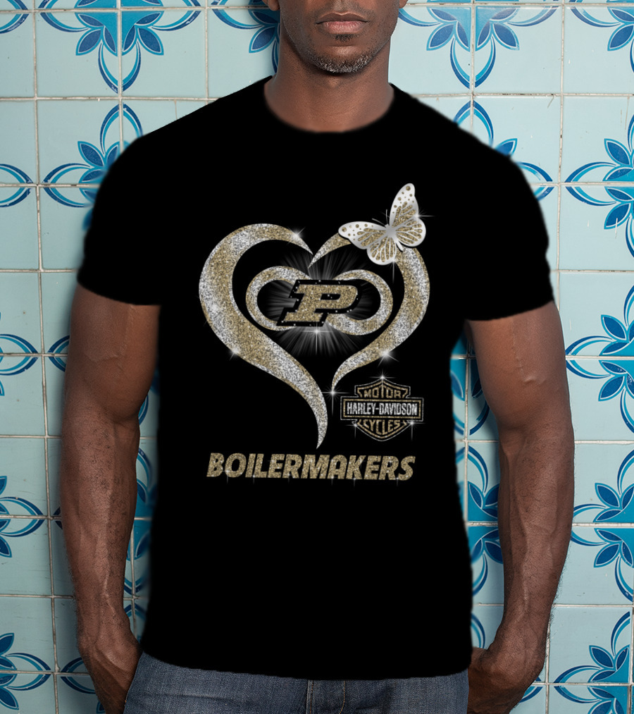 Purdue Boilermakers Harley Davidson Heart With Butterfly And P T-Shirt