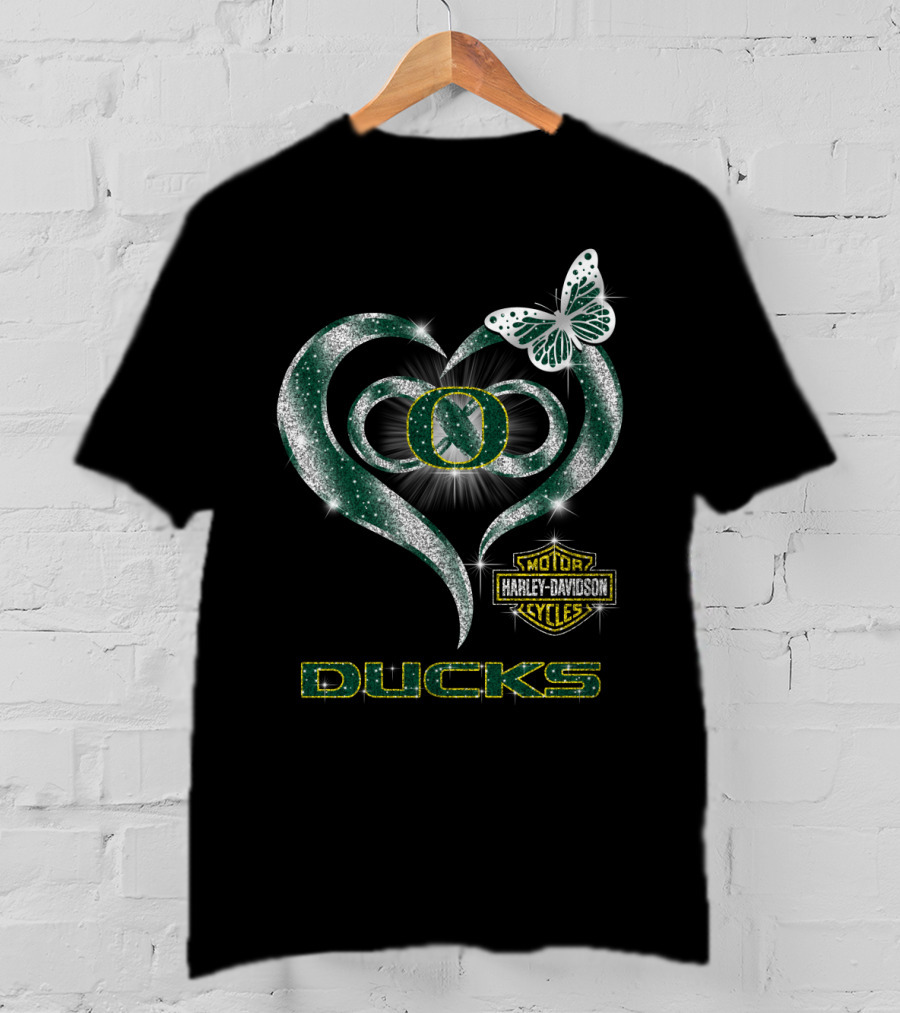 Hlh01 Oregon Ducks Harley Davidson Heart Butterfly T-Shirt