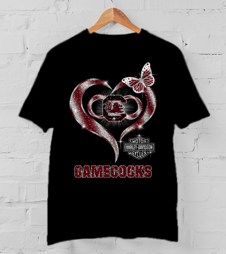 Harley Davidson Gamecocks Heart Butterfly Logo South Carolina T-Shirt