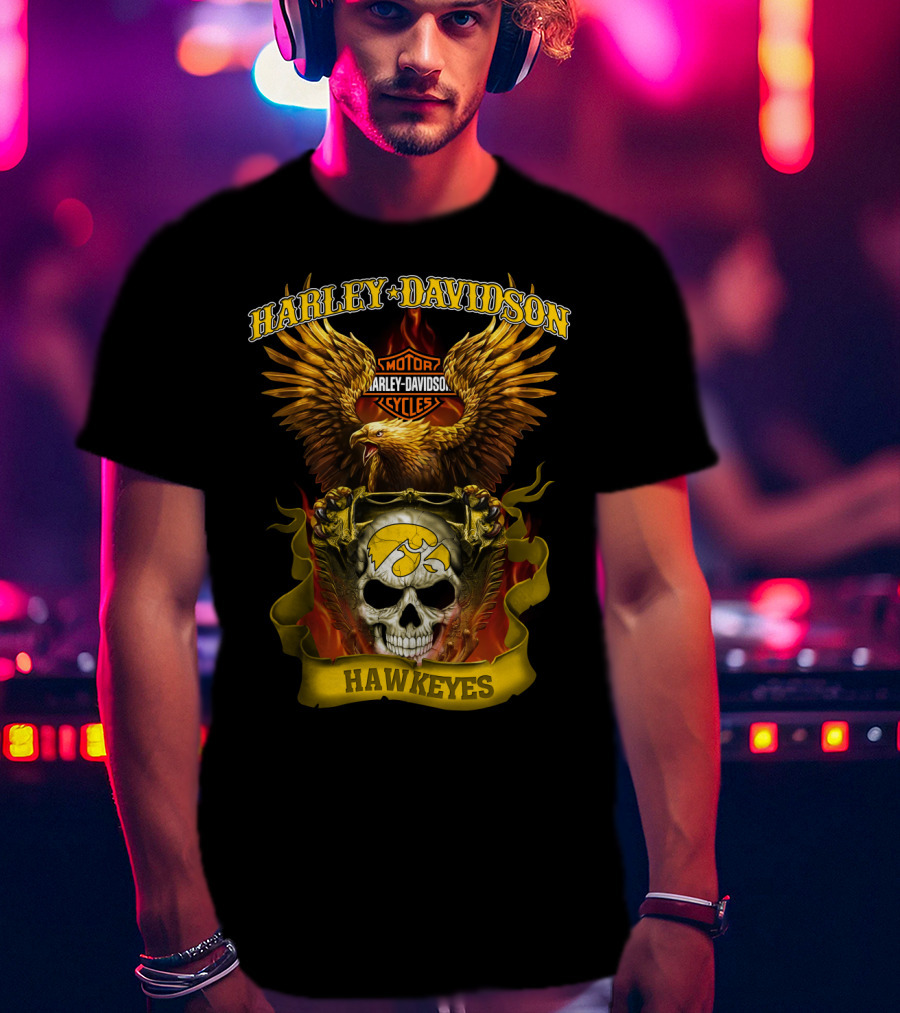 Harley Davidson Motorcycles Hawkeyes Iowa Hawkeyes Eagle Skull Flame T-Shirt