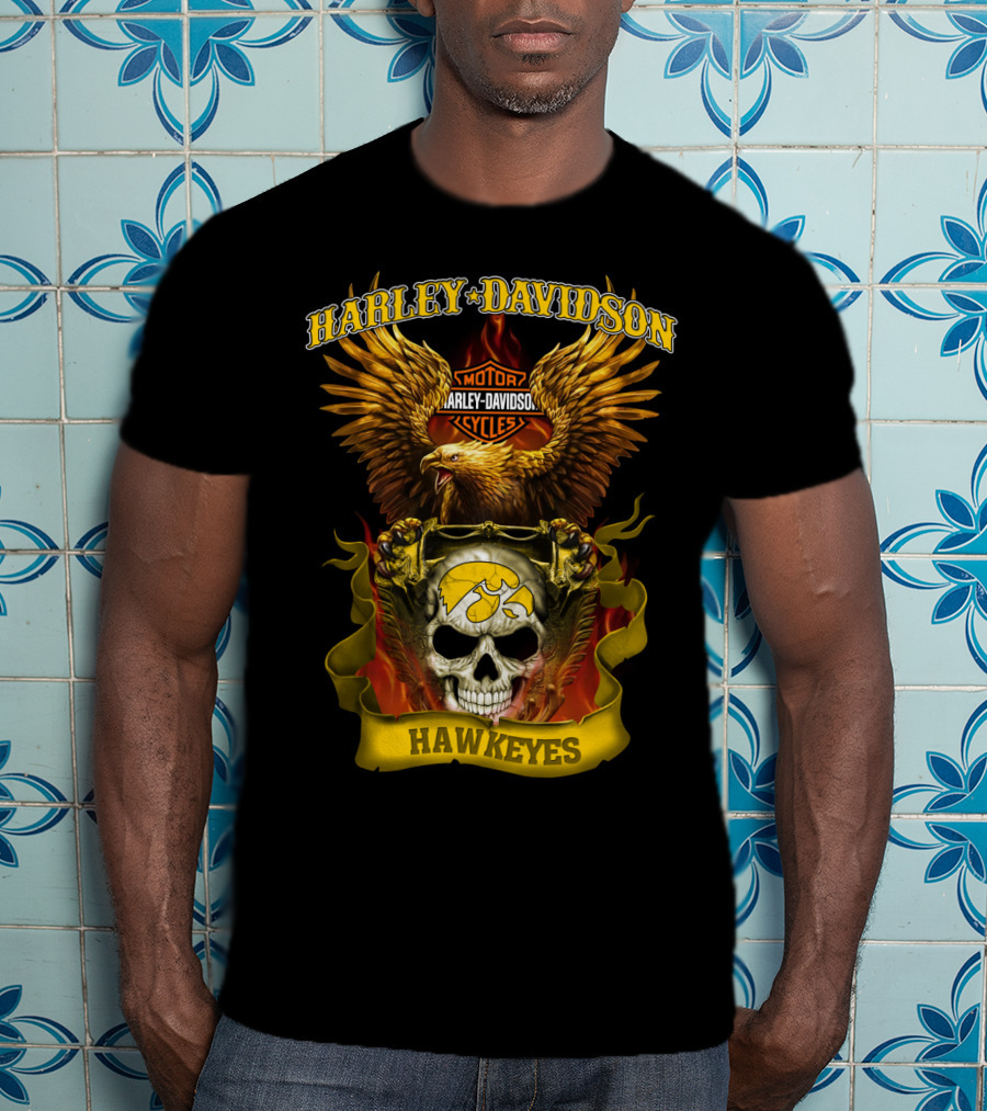 Harley Davidson Motorcycles Hawkeyes Iowa Hawkeyes Eagle Skull Flame T-Shirt
