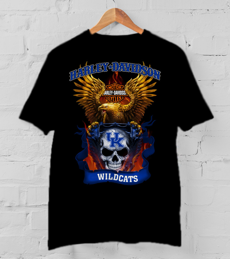 Harley Davidson Motor Cycles Kentucky Wildcats Skull Eagle Flames T-Shirt