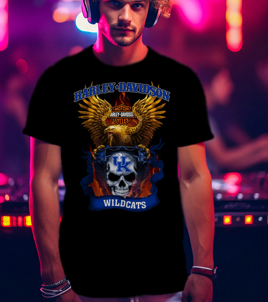 Harley Davidson Motor Cycles Kentucky Wildcats Skull Eagle Flames T-Shirt