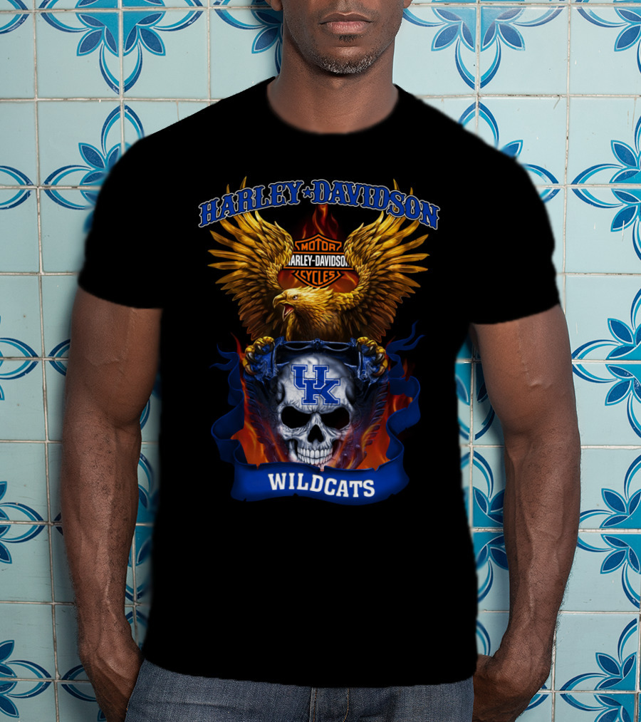 Harley Davidson Motor Cycles Kentucky Wildcats Skull Eagle Flames T-Shirt