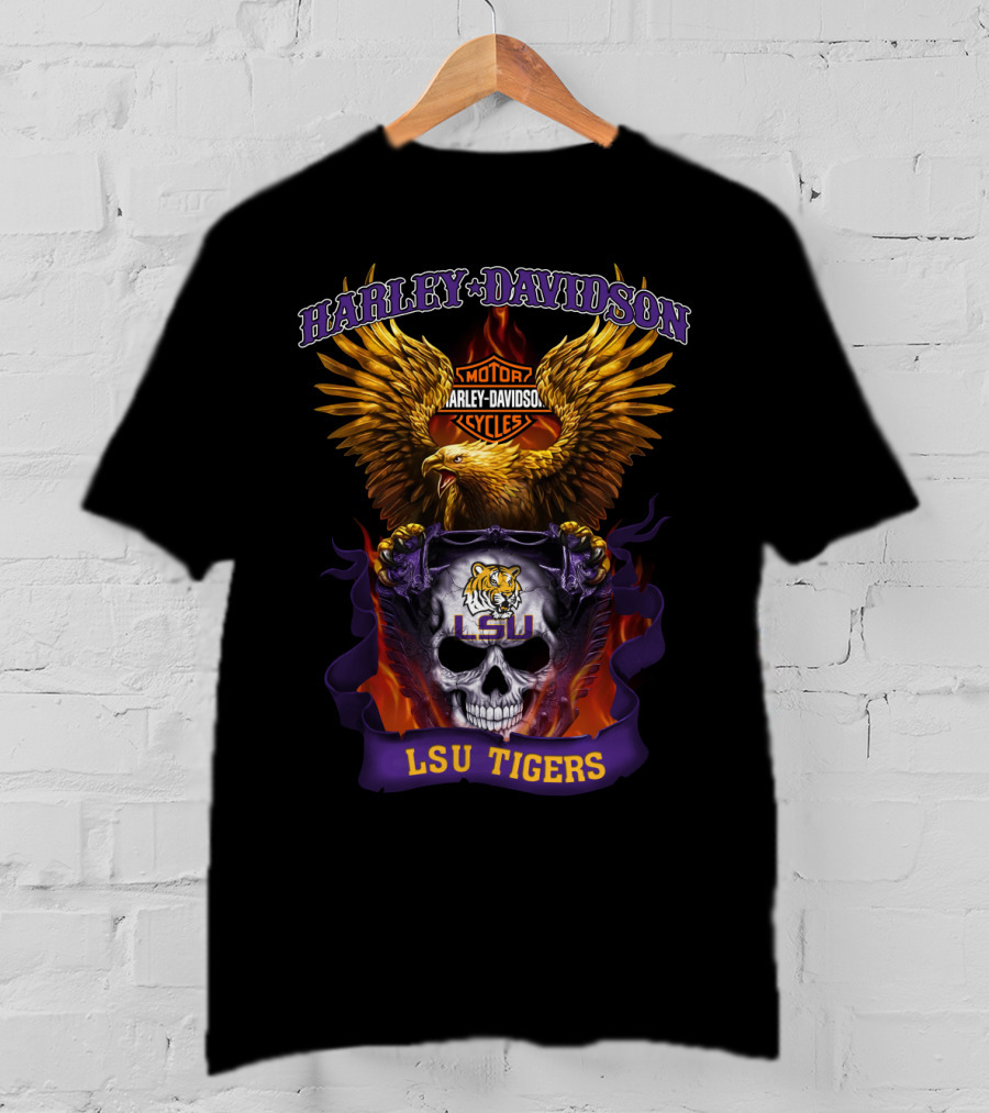 Harley Davidson Lsu Tigers Skull Eagle Motorcycles T-Shirt