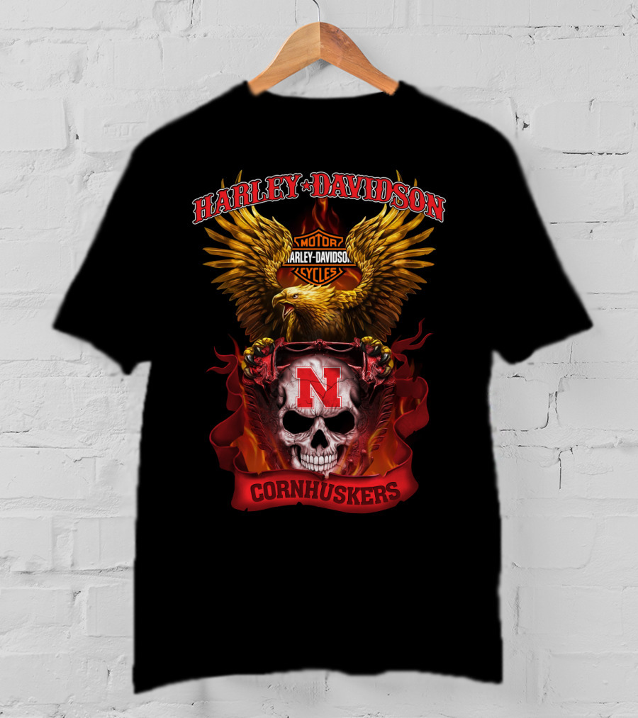 Harley Davidson Cornhuskers Nebraska Motorcycle Skull Eagle T-Shirt