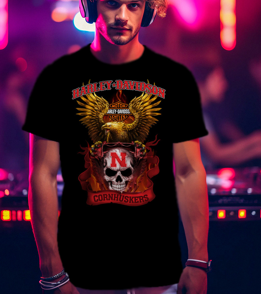 Harley Davidson Cornhuskers Nebraska Motorcycle Skull Eagle T-Shirt