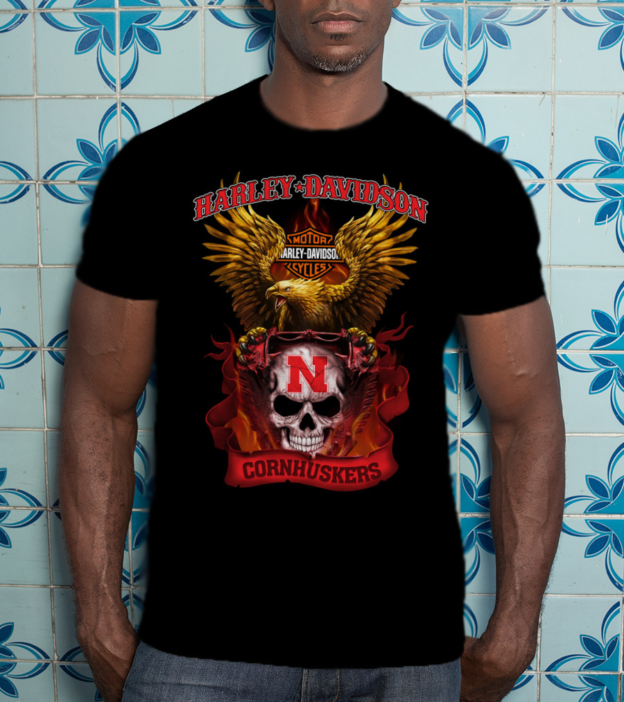 Harley Davidson Cornhuskers Nebraska Motorcycle Skull Eagle T-Shirt