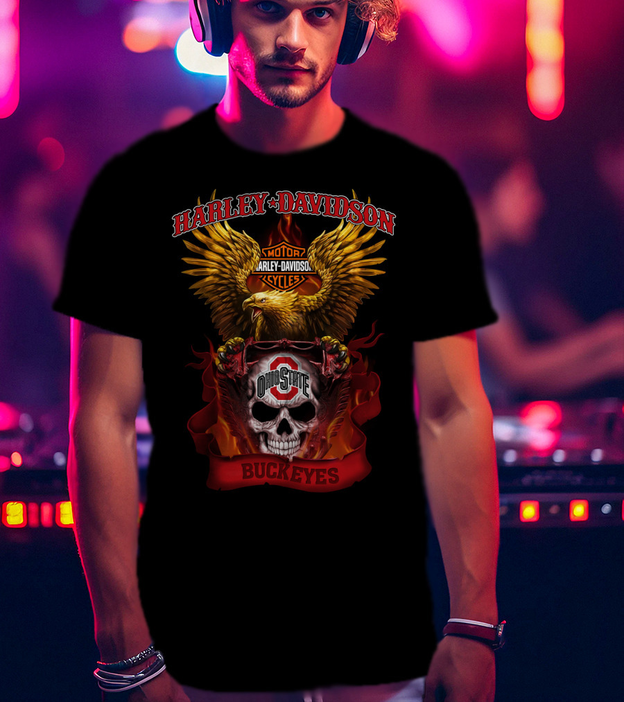 Harley Davidson Ohio State Buckeyes Skull And Eagle Motif T-Shirt