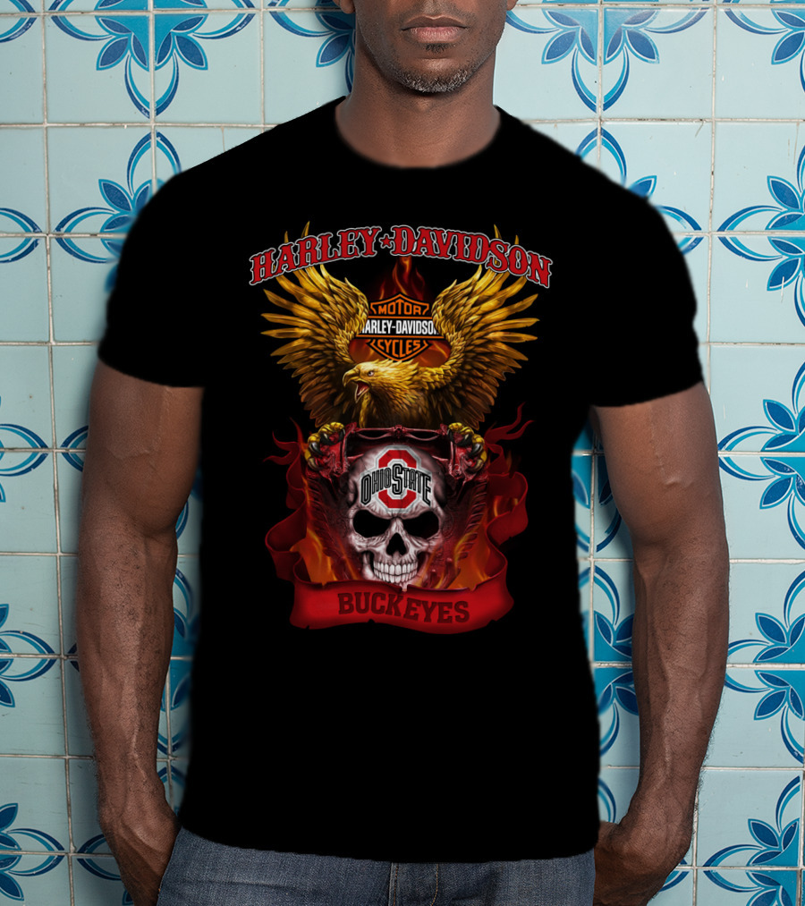 Harley Davidson Ohio State Buckeyes Skull And Eagle Motif T-Shirt