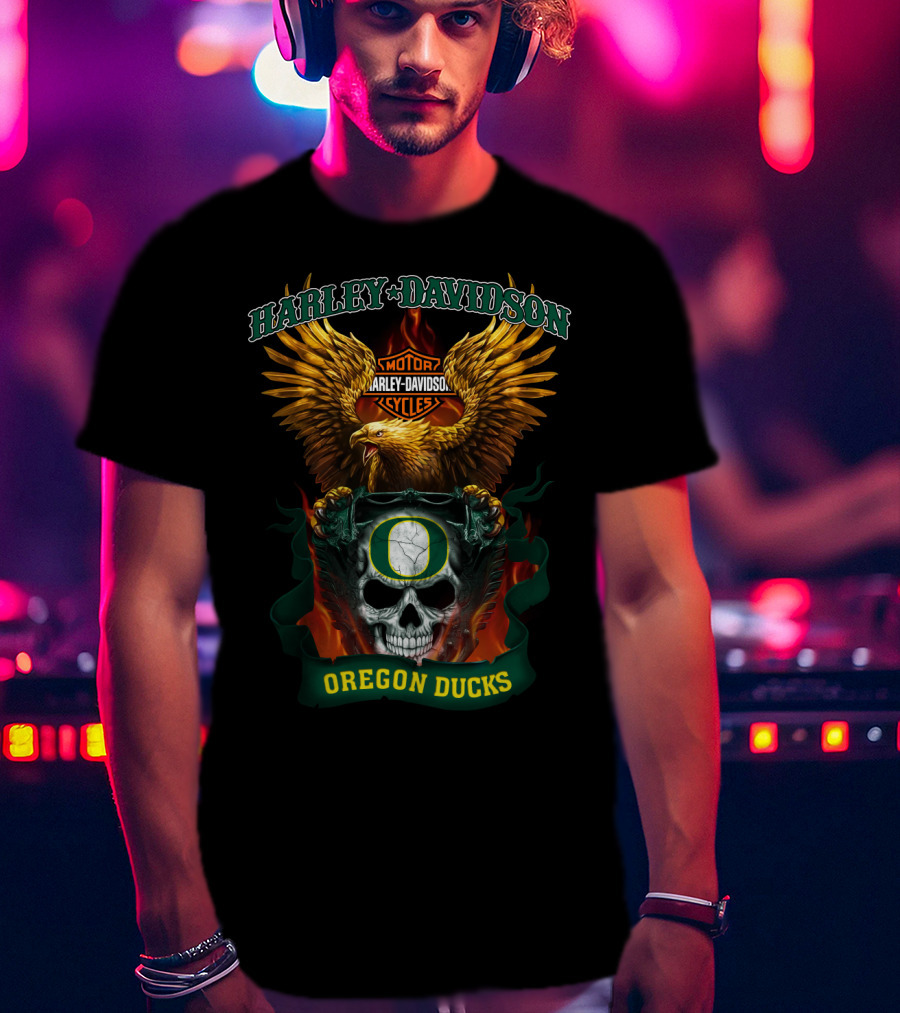 Harley Davidson Oregon Ducks Skull And Eagle T-Shirt