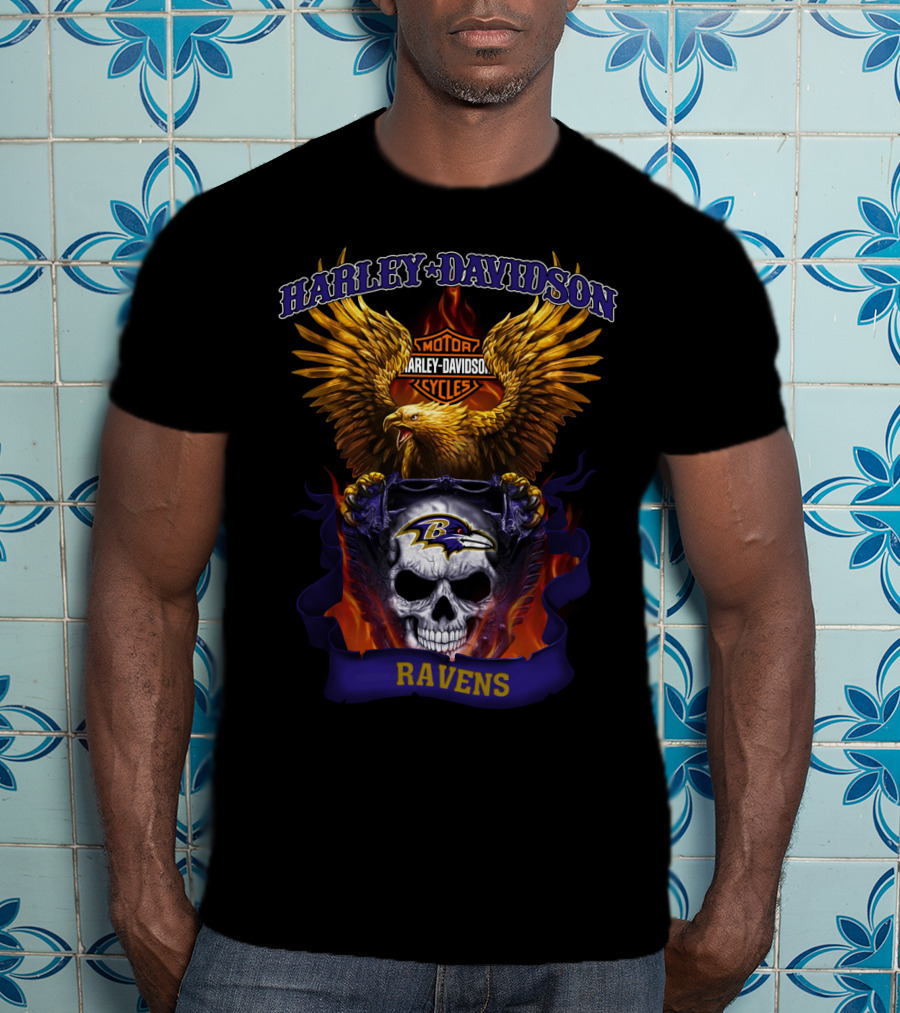 Harley Davidson Motorcycles Baltimore Ravens Eagles Skull T-Shirt