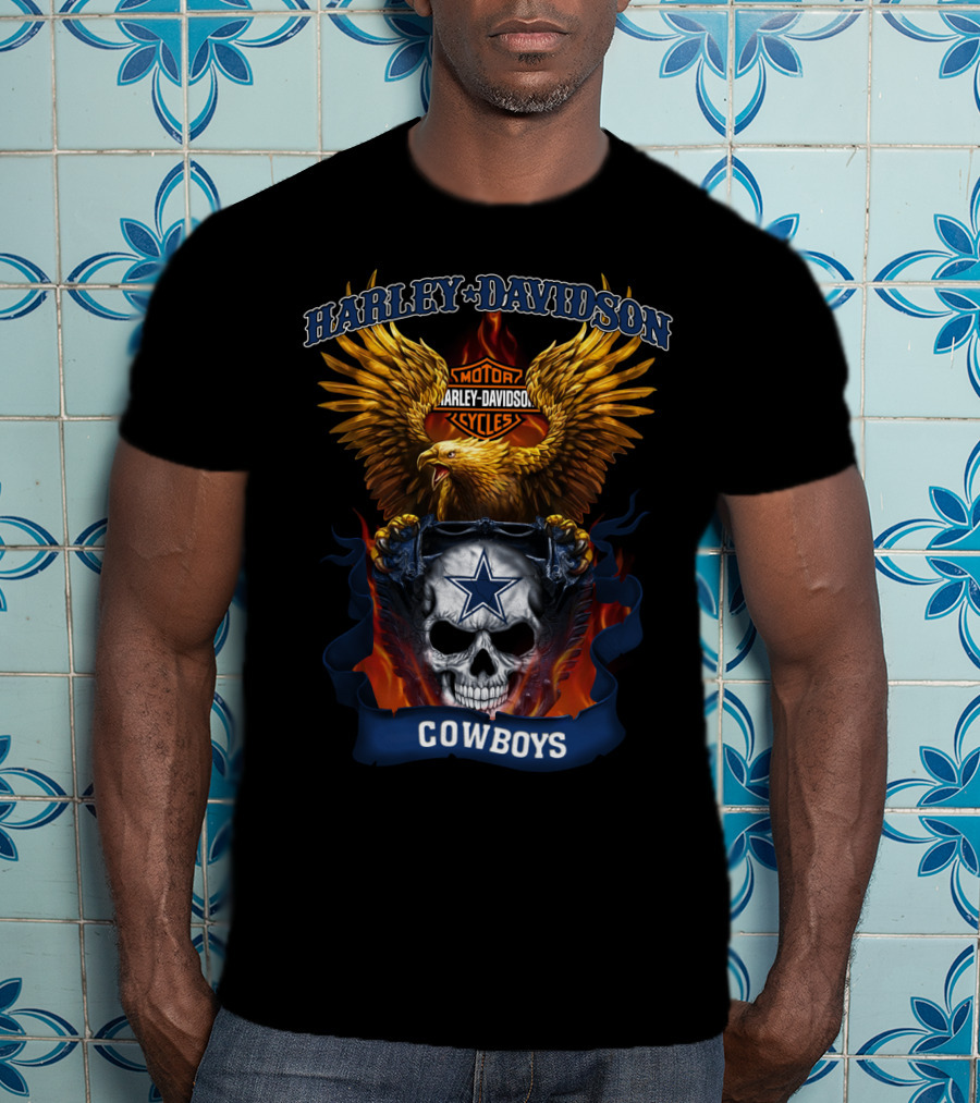 Harley Davidson Motor Cycles Eagle Skull Star Cowboys T-Shirt