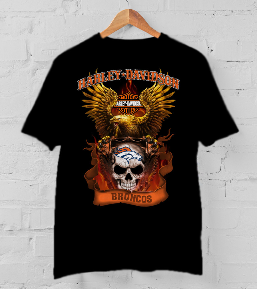 Harley Davidson Motor Cycles Broncos Eagle Skull T-Shirt