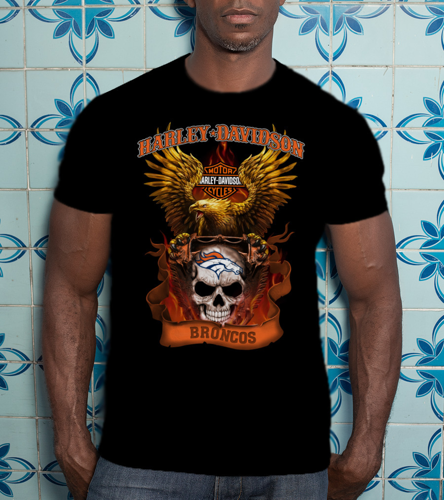 Harley Davidson Motor Cycles Broncos Eagle Skull T-Shirt