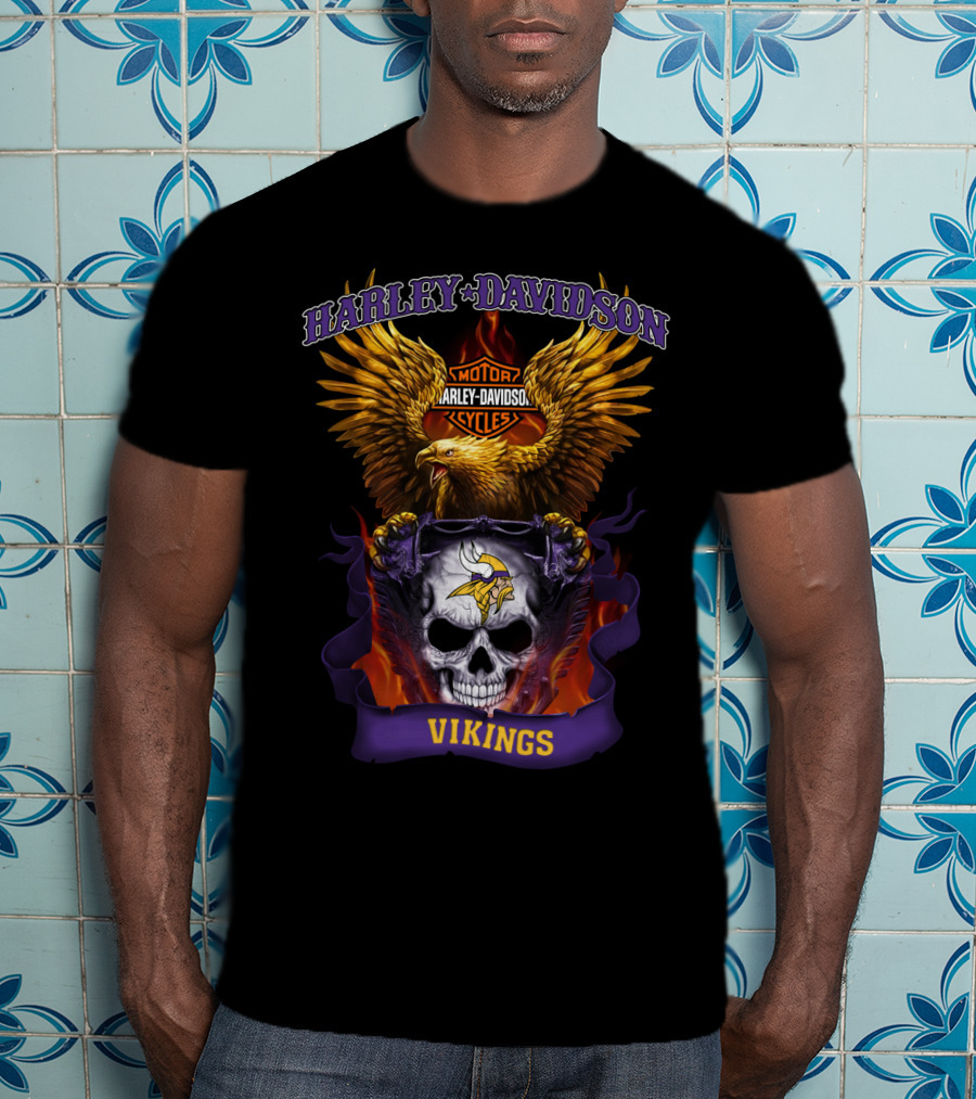 Harley Davidson Motor Cycles Vikings Skull Eagle T-Shirt