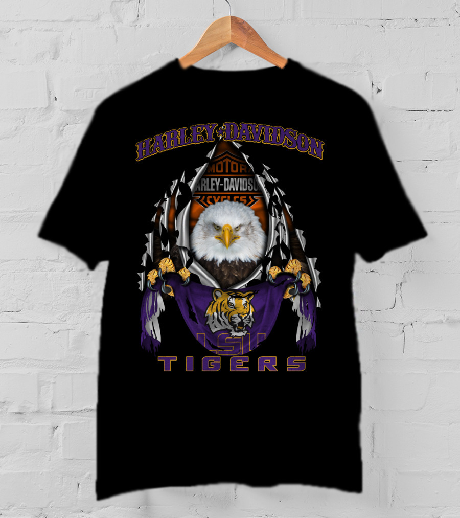 Harley Davidson Lsu Tigers Bald Eagle Rip Claw Effect T-Shirt