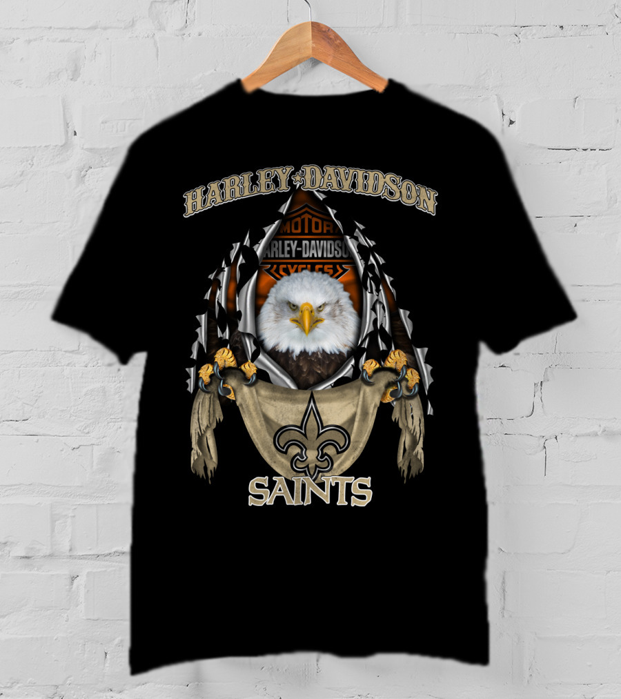 Harley Davidson Saints Fleur-De-Lis With Eagle And Motorcycle T-Shirt