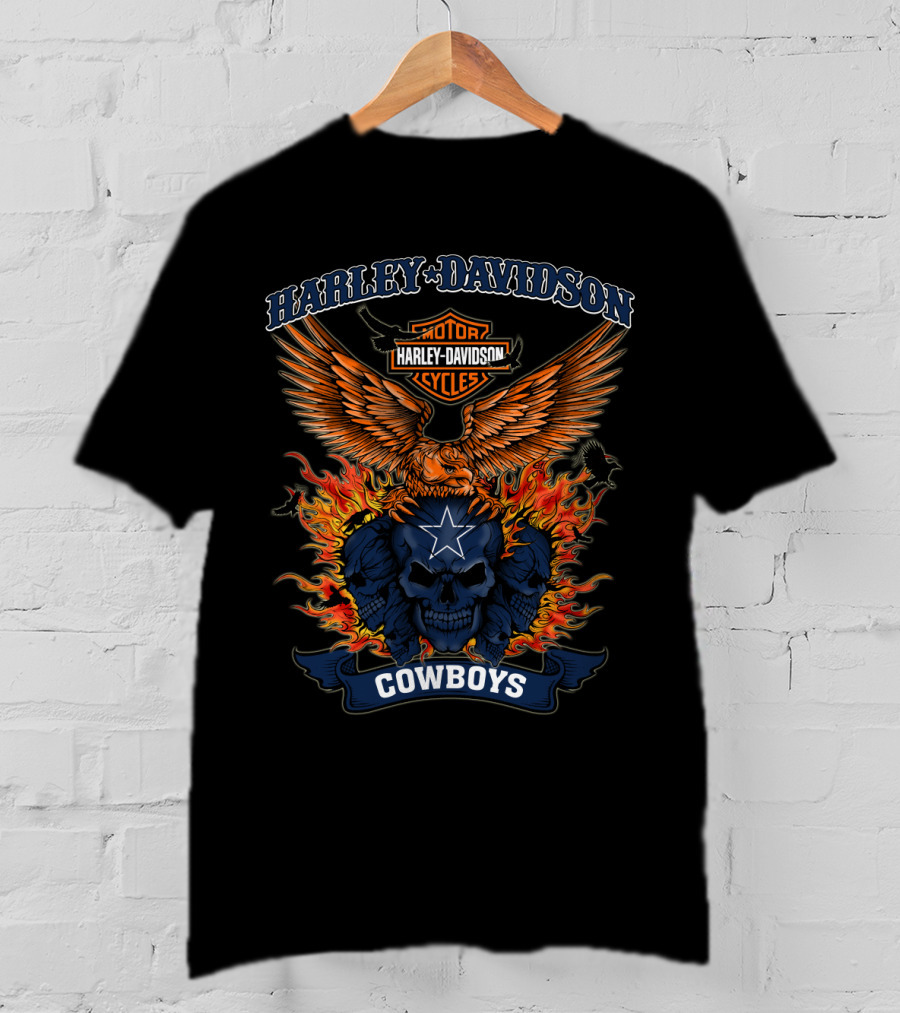 Harley Davidson Motorcycles Cowboys Skull Flames Eagle T-Shirt