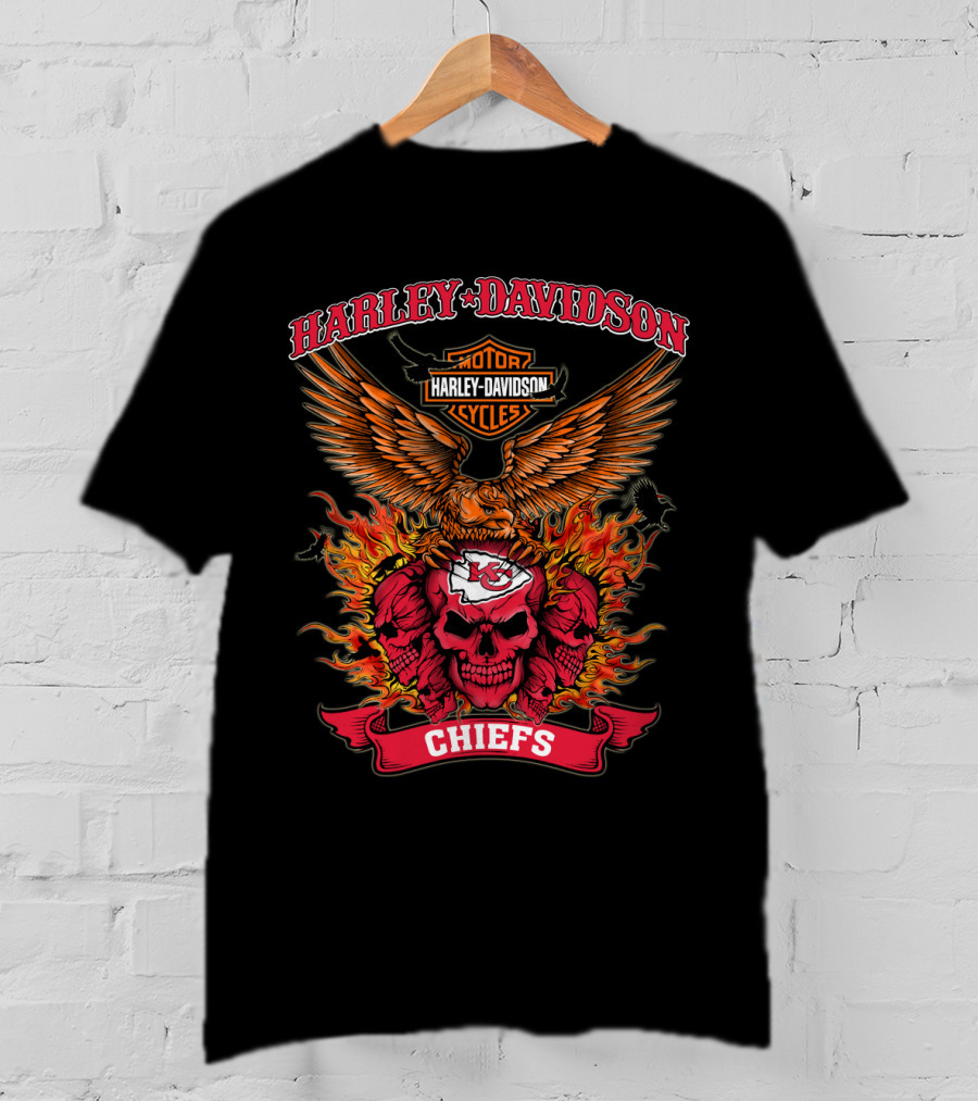 Harley Davidson Motor Cycles Kansas City Chiefs Skull Eagle Flames T-Shirt