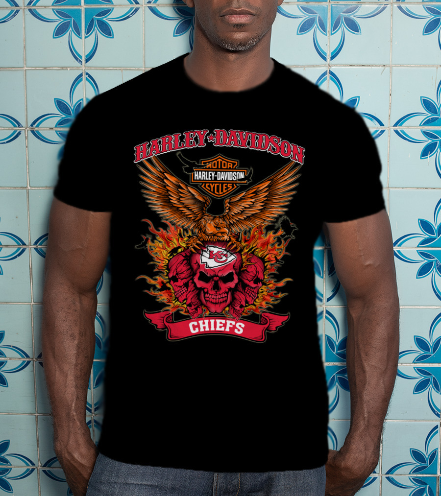 Harley Davidson Motor Cycles Kansas City Chiefs Skull Eagle Flames T-Shirt