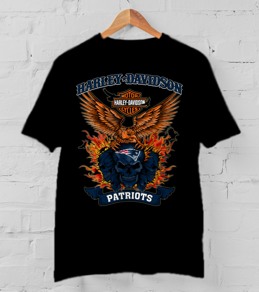 Harley Davidson Motor Cycles Patriots New England Nfl Skull Fire Wings T-Shirt