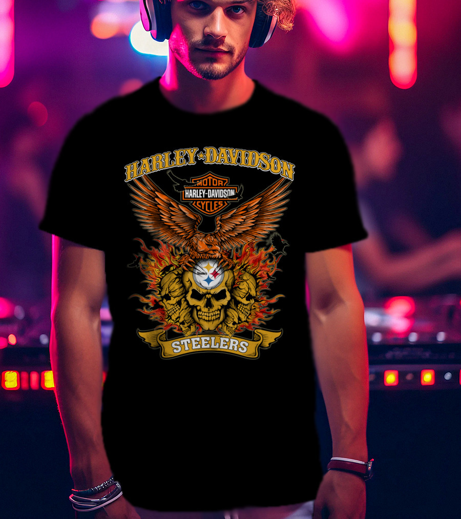 Harley Davidson Motorcycles Steelers Skull With Fire And Eagle 0304 Nfl Pittsburgh Steelers T-Shirt