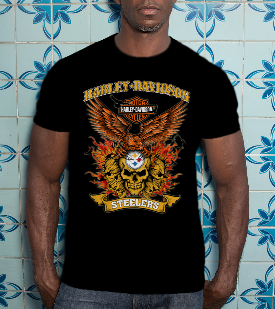 Harley Davidson Motorcycles Steelers Skull With Fire And Eagle 0304 Nfl Pittsburgh Steelers T-Shirt