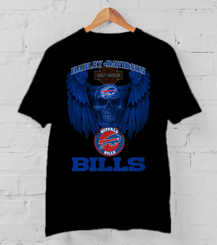Harley Davidson Buffalo Bills Nfl Skull And Wings T-Shirt