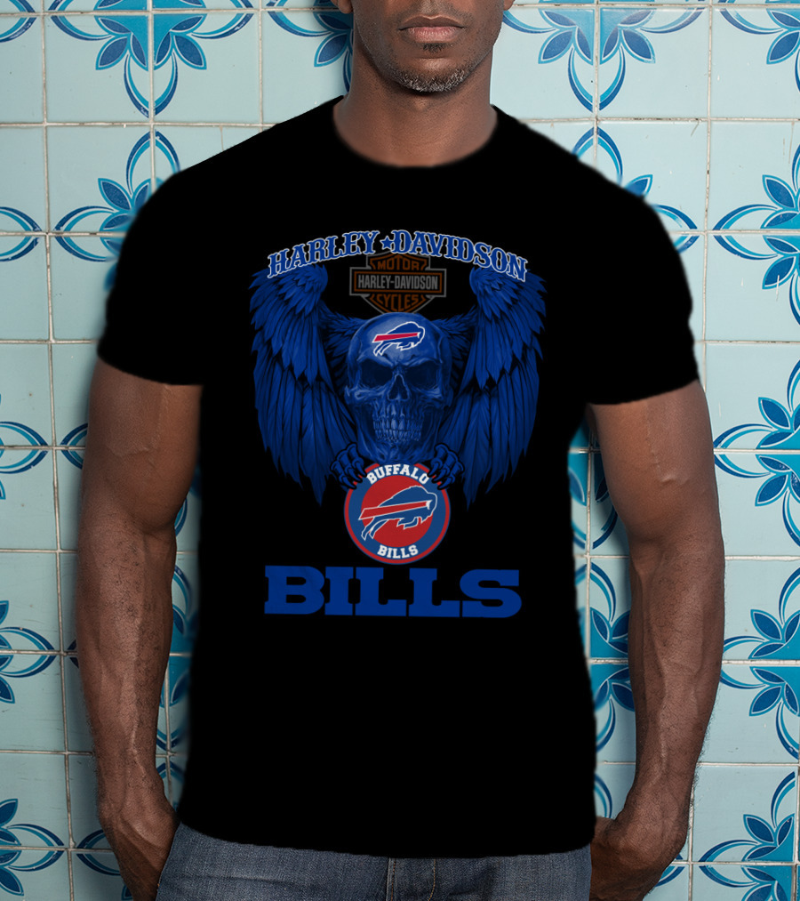 Harley Davidson Buffalo Bills Nfl Skull And Wings T-Shirt