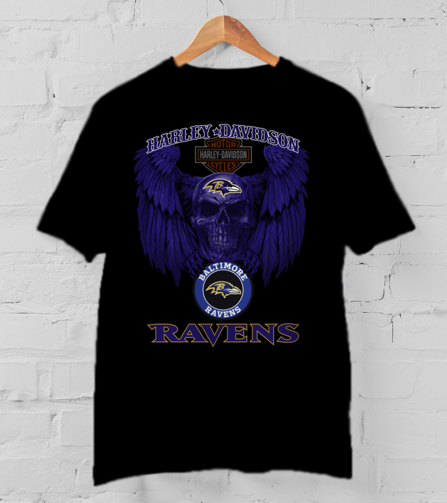 Harley Davidson Motor Cycles Baltimore Ravens Skull With Wings T-Shirt