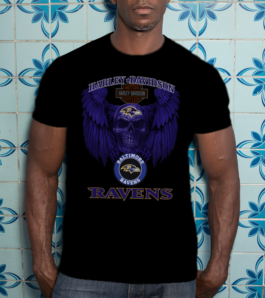 Harley Davidson Motor Cycles Baltimore Ravens Skull With Wings T-Shirt