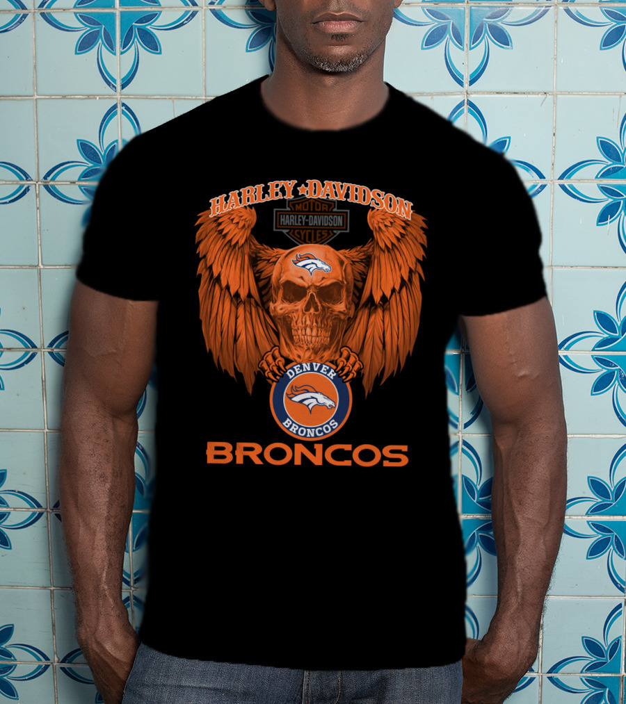 Harley Davidson Denver Broncos Nfl Skull Wings T-Shirt