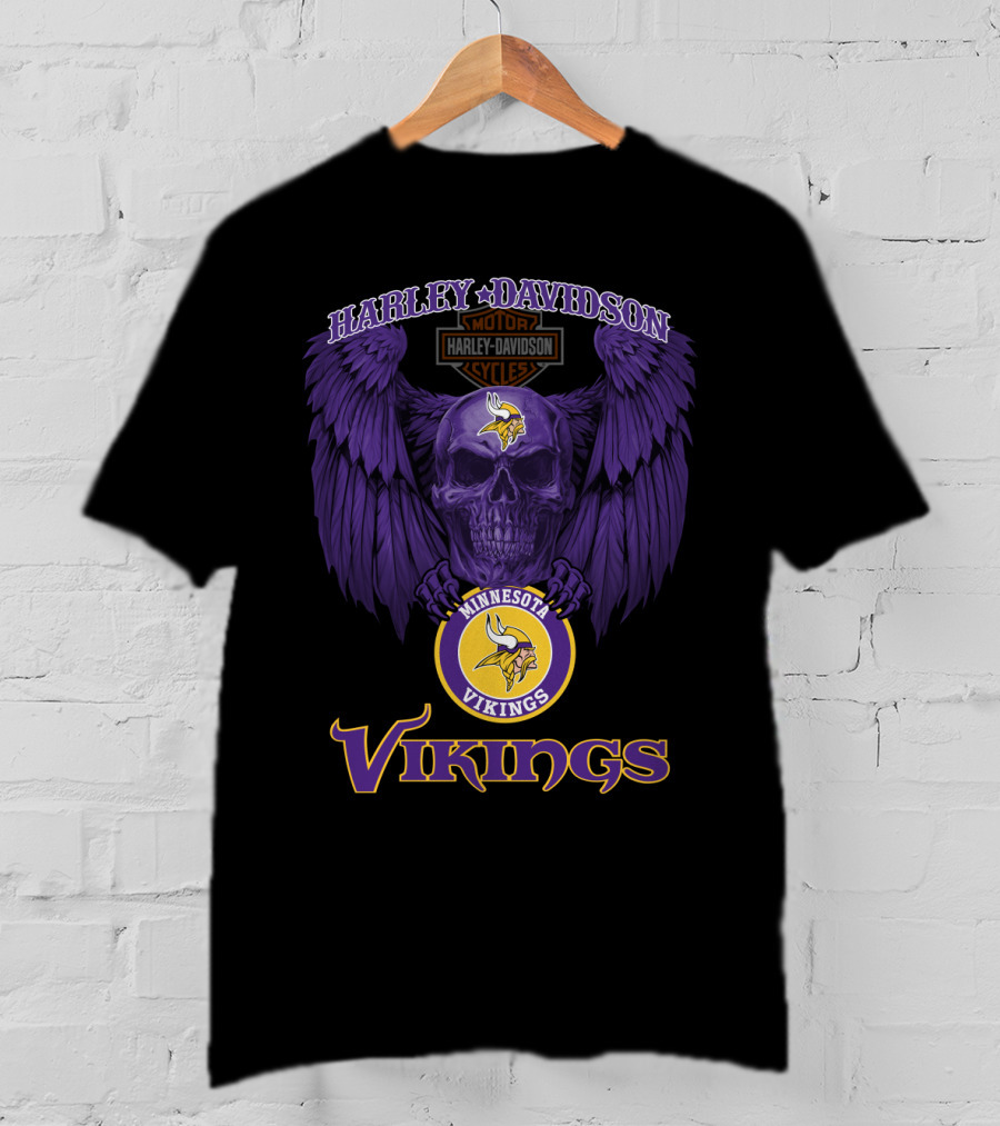 Harley Davidson Minnesota Vikings Motorcycles Purple Skull Wings T-Shirt