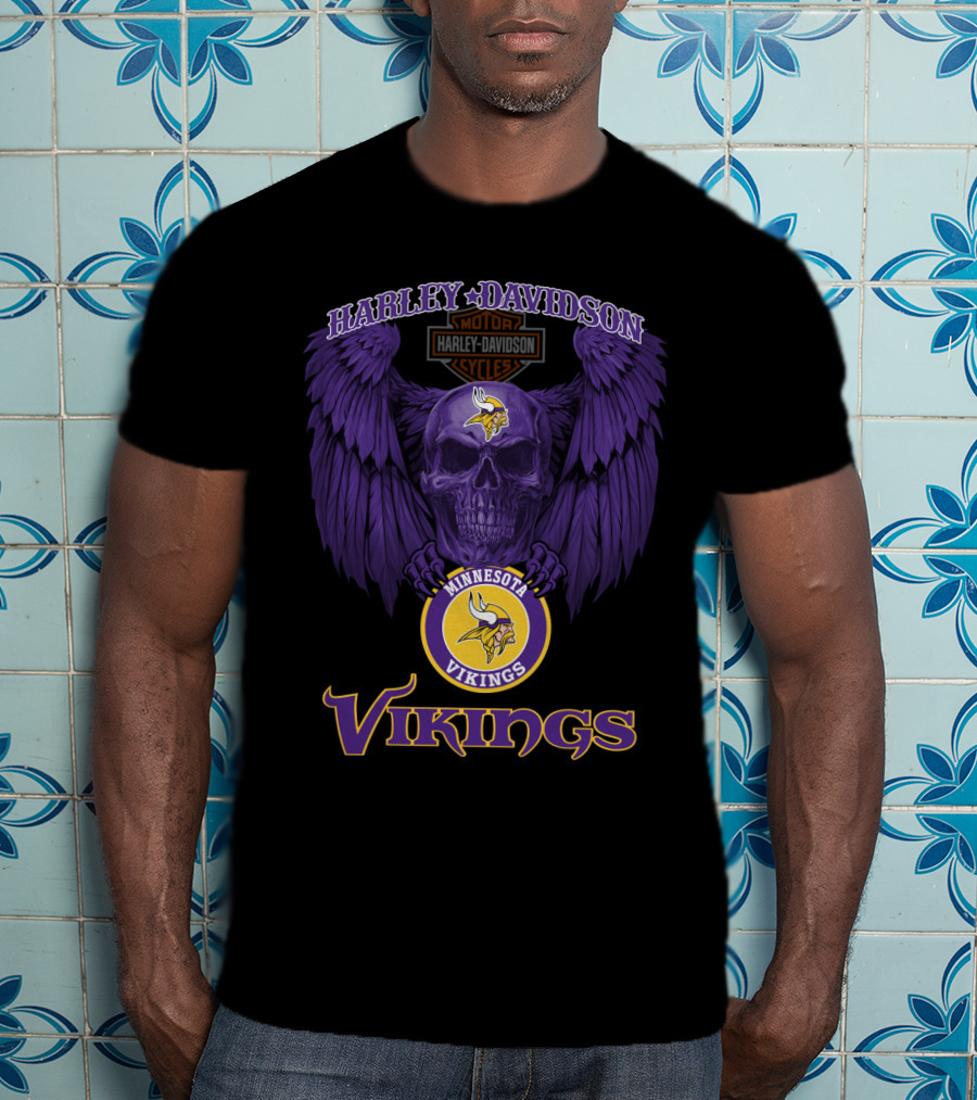 Harley Davidson Minnesota Vikings Motorcycles Purple Skull Wings T-Shirt