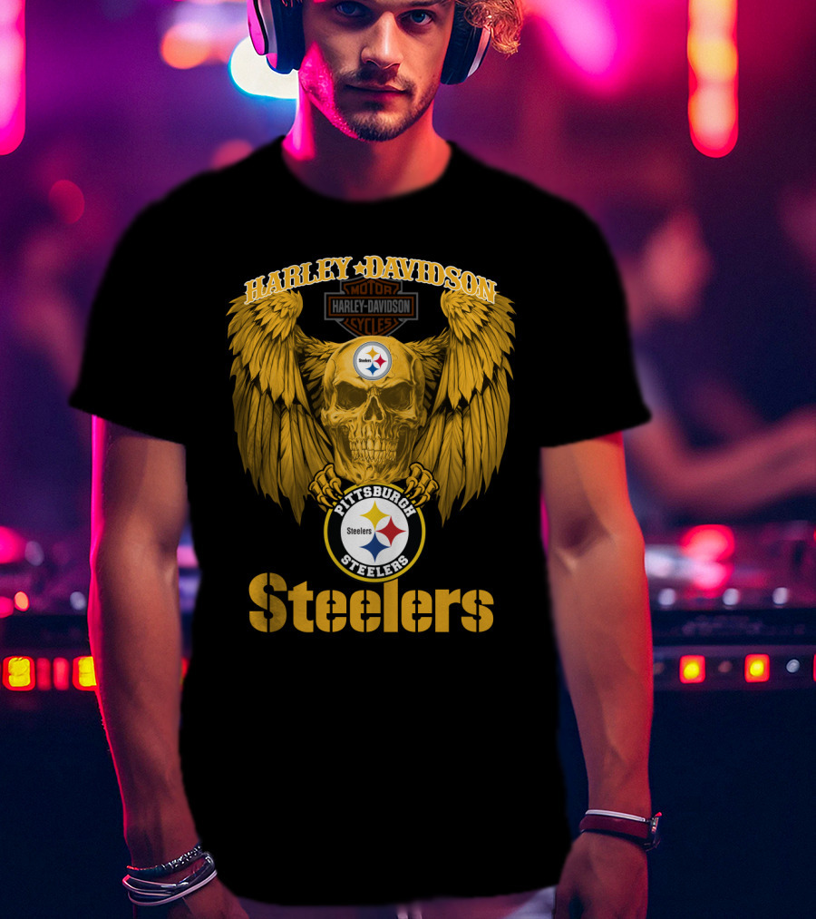 Harley Davidson Pittsburgh Steelers Skull Motor Cycles Winged T-Shirt