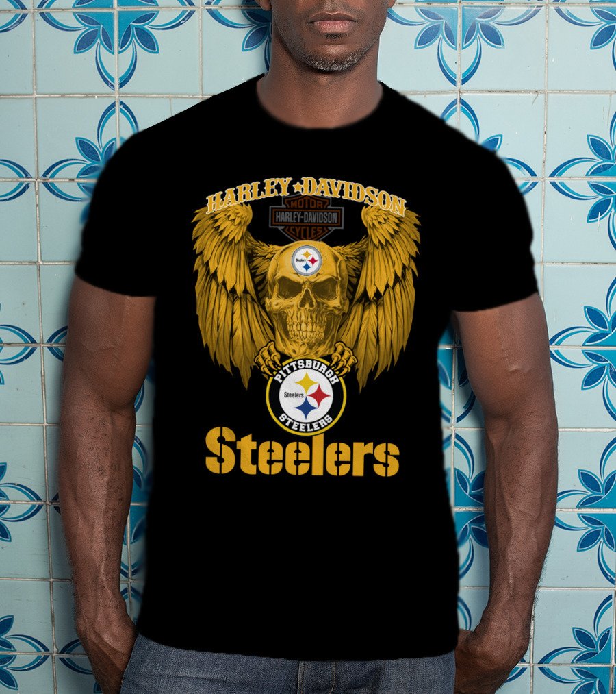 Harley Davidson Pittsburgh Steelers Skull Motor Cycles Winged T-Shirt