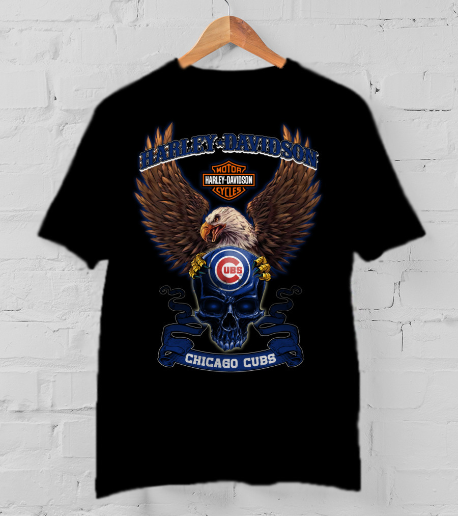 Harley Davidson Motor Cycles Chicago Cubs Cubs Eagle Skull T-Shirt