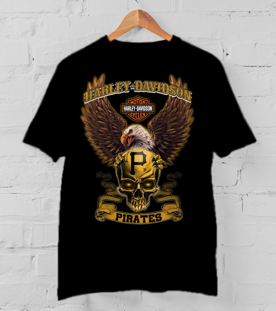 Harley Davidson Motor Cycles Skull Eagle Pittsburgh Pirates T-Shirt