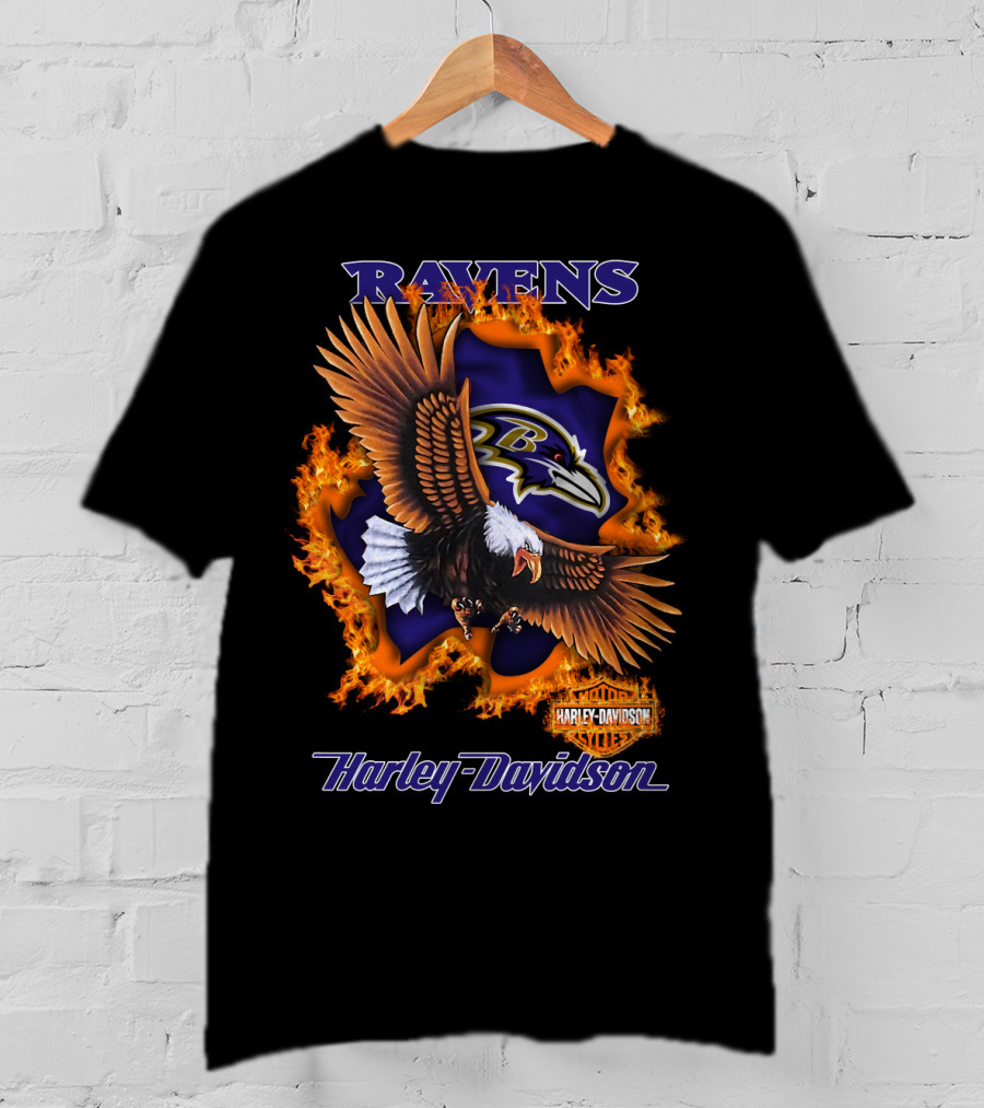 Ravens Harley Davidson Baltimore Ravens Logo Eagle Fire T-Shirt