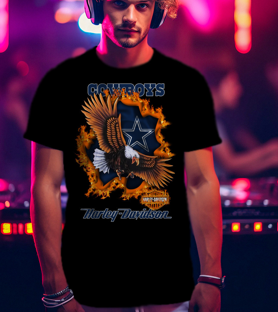 Cowboys Harley Davidson Eagle With Star And Flames T-Shirt