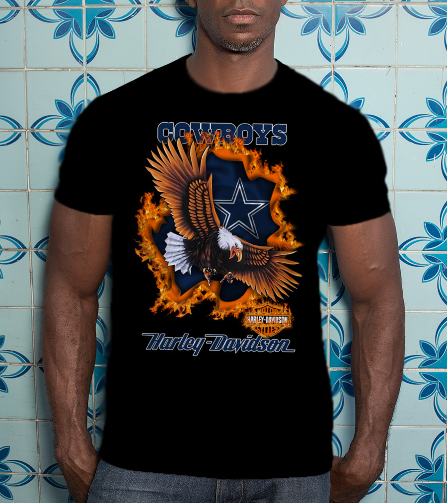 Cowboys Harley Davidson Eagle With Star And Flames T-Shirt